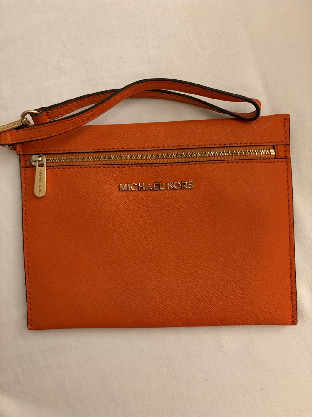 Michael Kors Orange Leather Wristlet Clutch with Gold Hardware